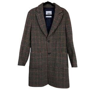 Zara Wool Blend Houndstooth Plaid Tweed Quilted Lined Coat Multicolor Size Small